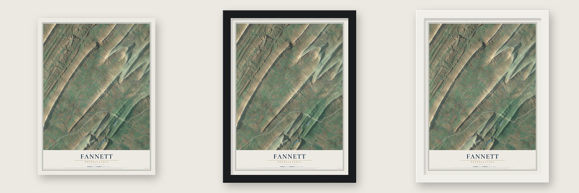 Fannett, Pennsylvania map unframed, in a black wood frame and in a white wood frame