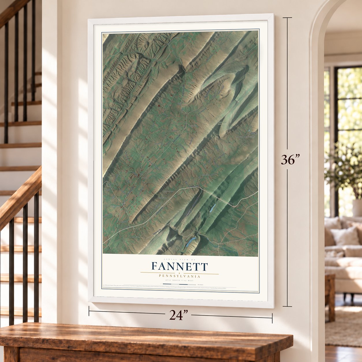 Fannett, Pennsylvania map, 24 x 36 inch print in a white frame by a staircase