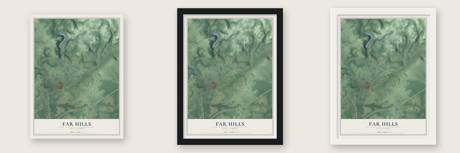 Far Hills, New Jersey map unframed, in a black wood frame and in a white wood frame