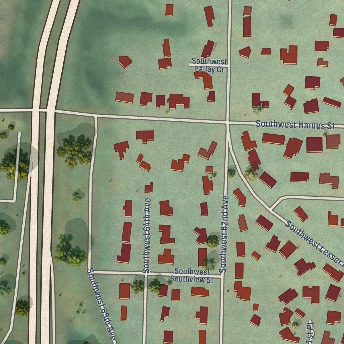 Second close-up of the map of Far Southwest, Oregon print showing more streets and buildings