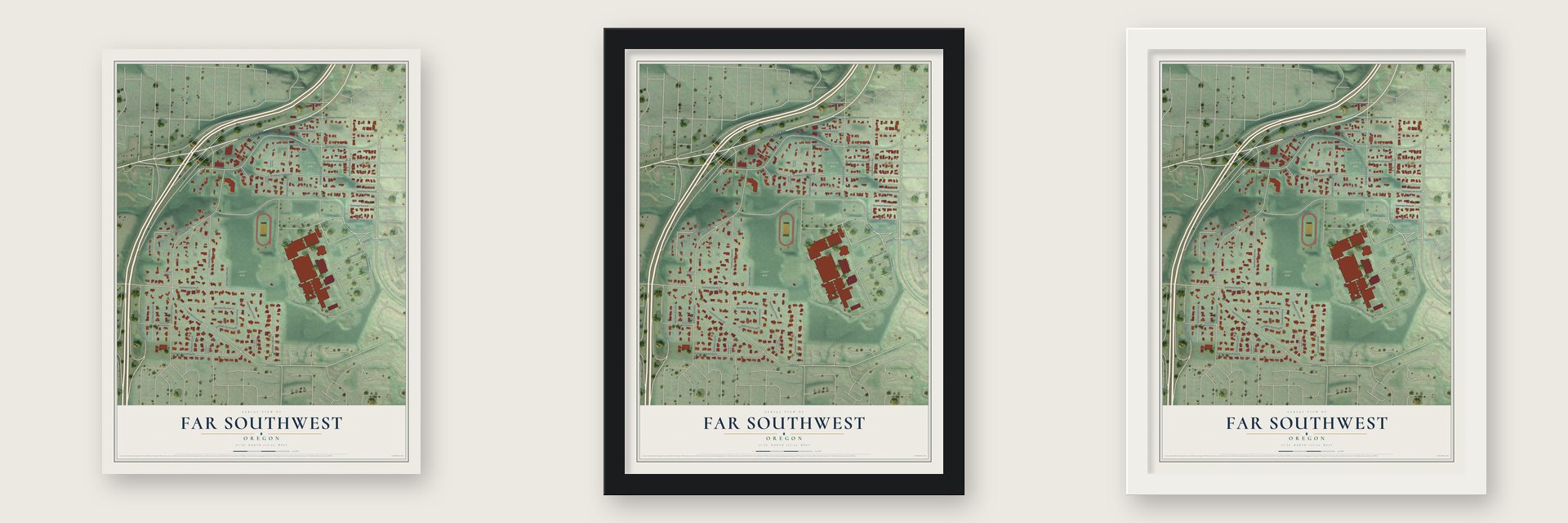 Far Southwest, Oregon map unframed, in a black wood frame and in a white wood frame