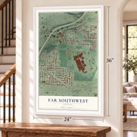 Far Southwest, Oregon map, 24 x 36 inch print in a white frame by a staircase