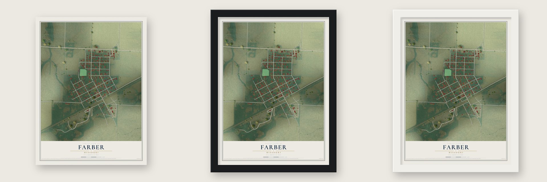 Farber, Missouri map unframed, in a black wood frame and in a white wood frame
