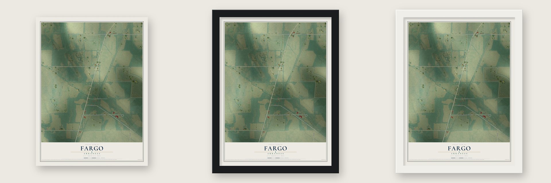 Fargo, Arkansas map unframed, in a black wood frame and in a white wood frame