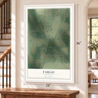 Fargo, Arkansas map, 24 x 36 inch print in a white frame by a staircase