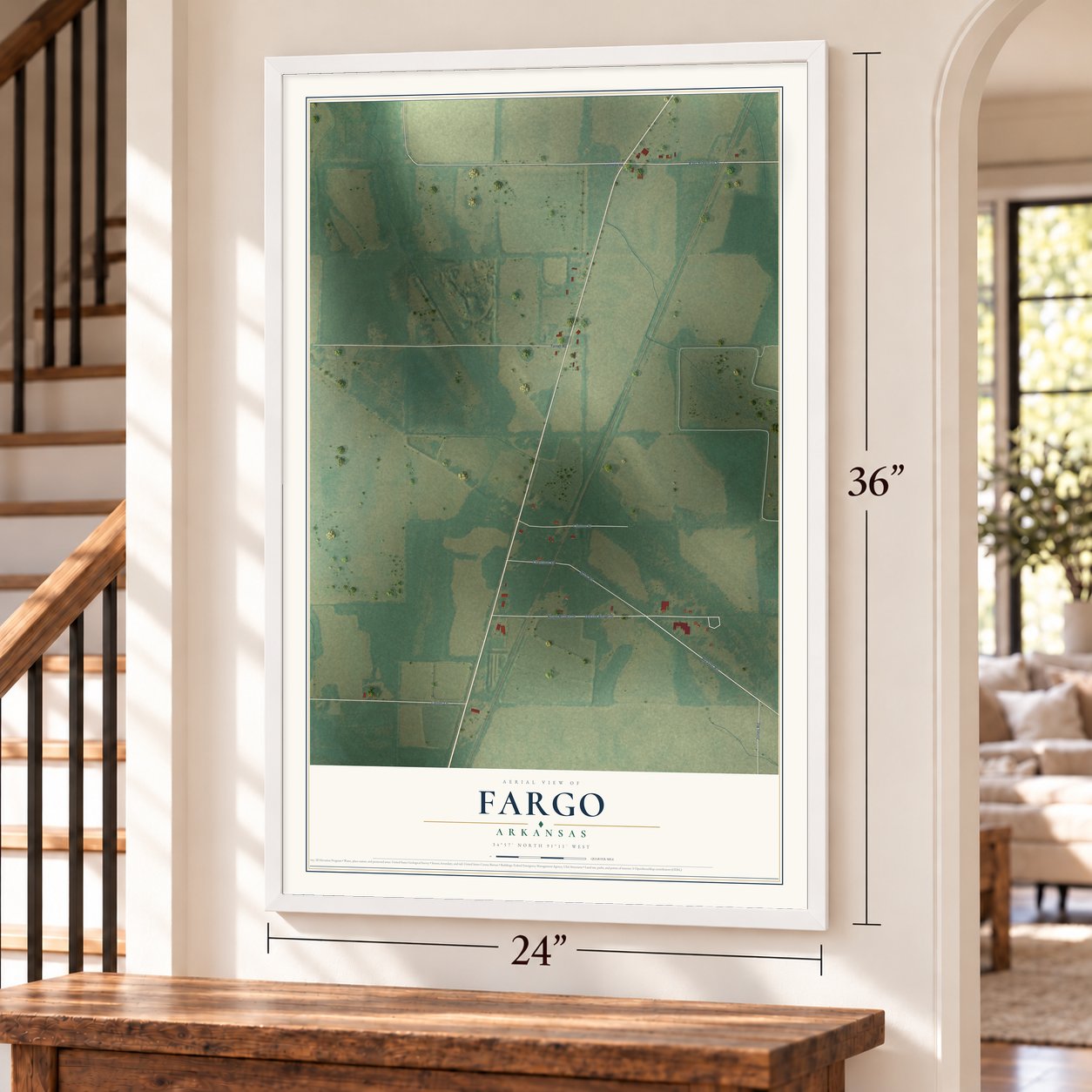 Fargo, Arkansas map, 24 x 36 inch print in a white frame by a staircase