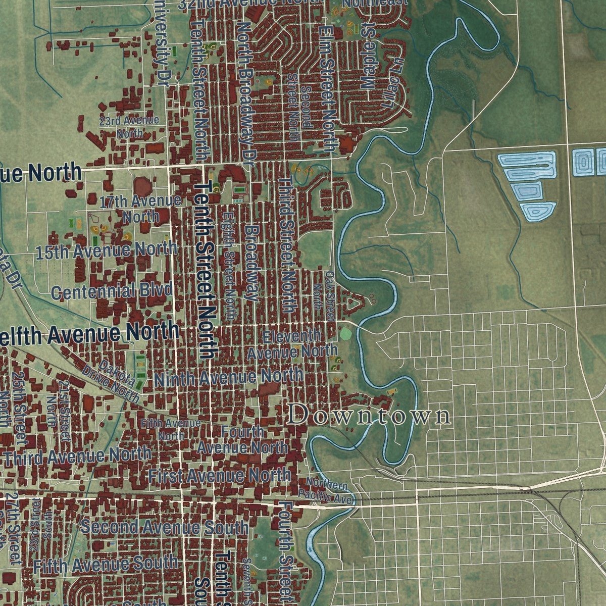 Second close-up of the map of Fargo, North Dakota print showing more streets and buildings