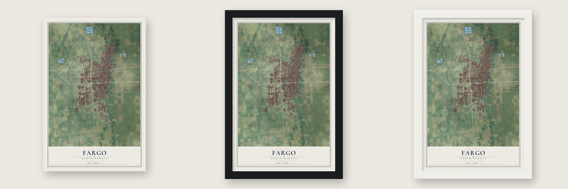Fargo, North Dakota map unframed, in a black wood frame and in a white wood frame