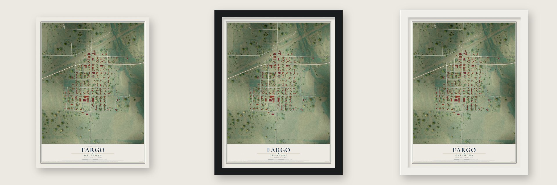 Fargo, Oklahoma map unframed, in a black wood frame and in a white wood frame