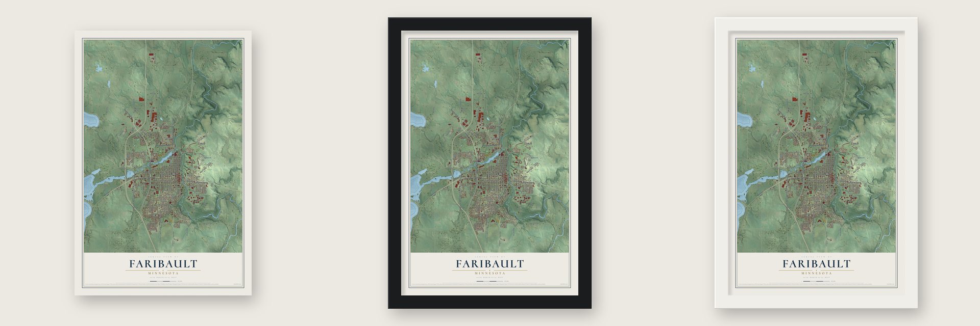 Faribault, Minnesota map unframed, in a black wood frame and in a white wood frame