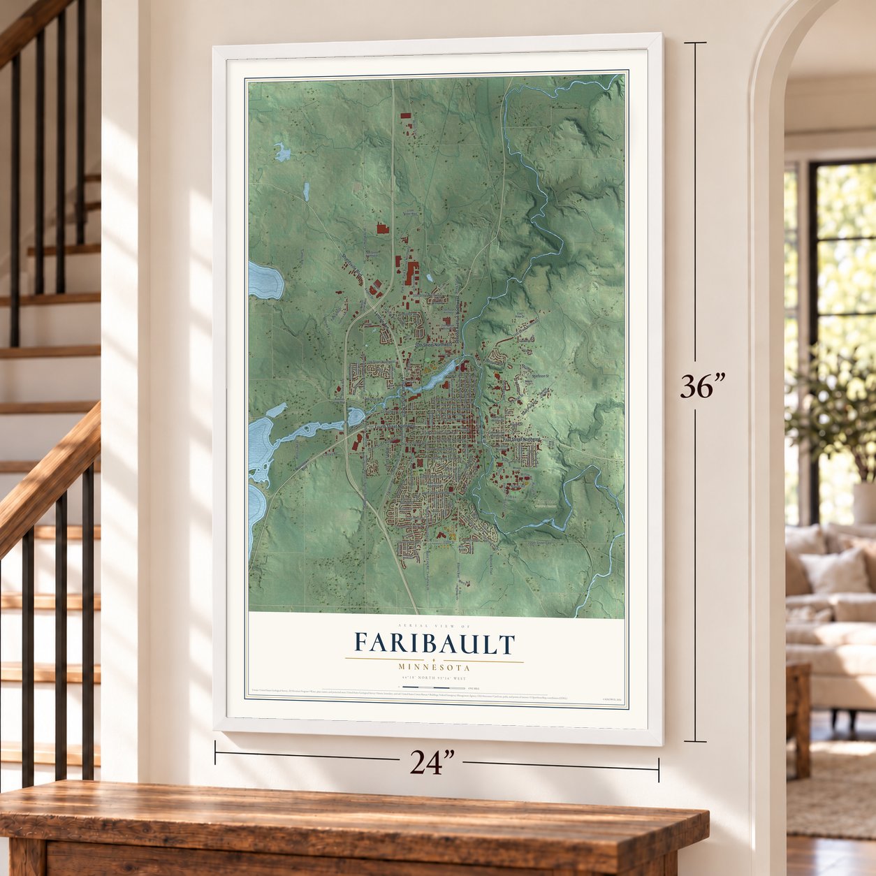 Faribault, Minnesota map, 24 x 36 inch print in a white frame by a staircase