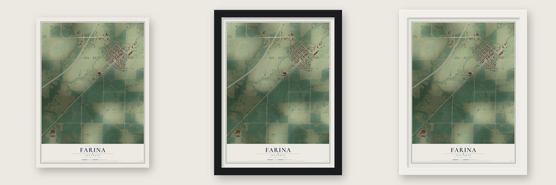 Farina, Illinois map unframed, in a black wood frame and in a white wood frame