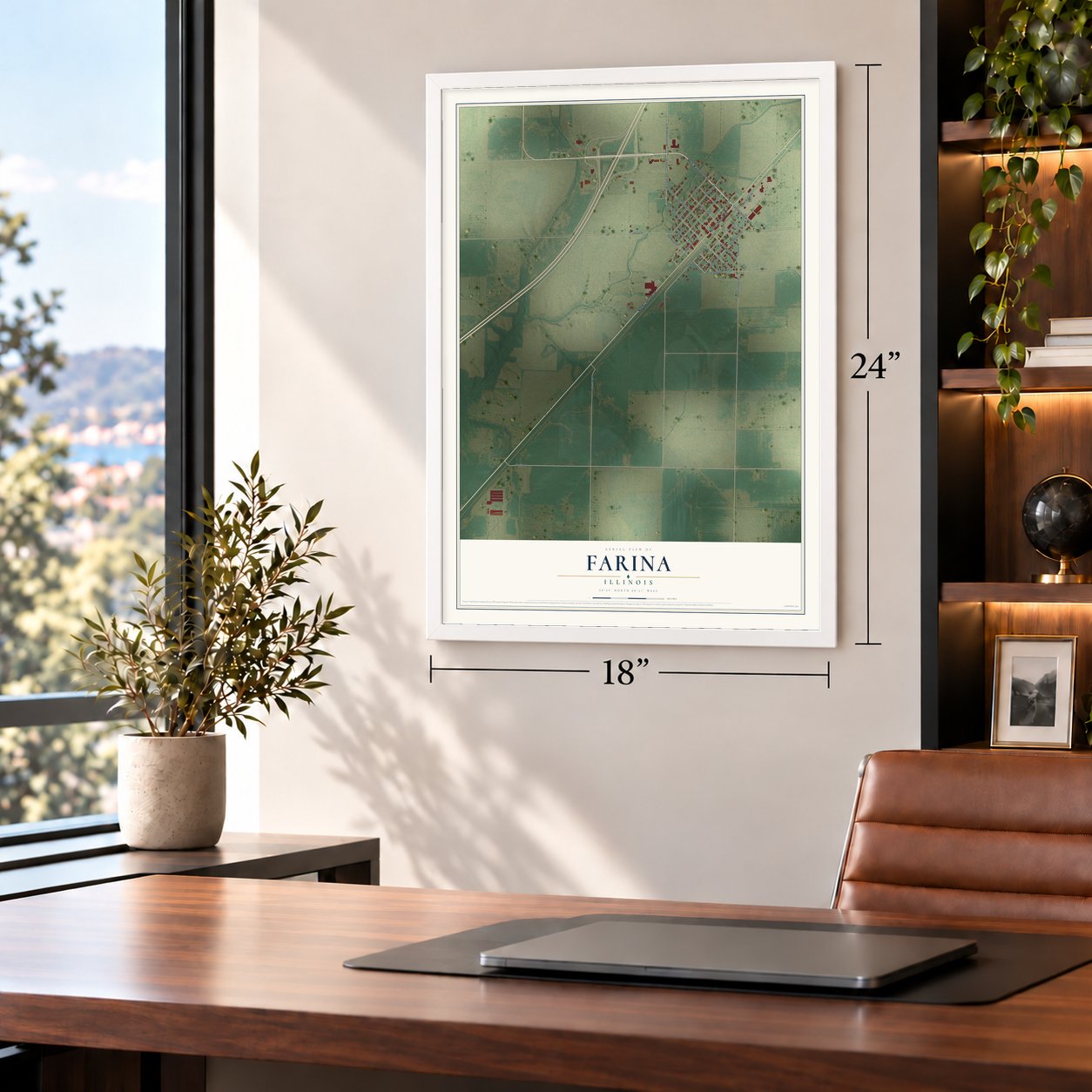 Farina, Illinois map, 18 x 24 inch print in a white frame in a home office