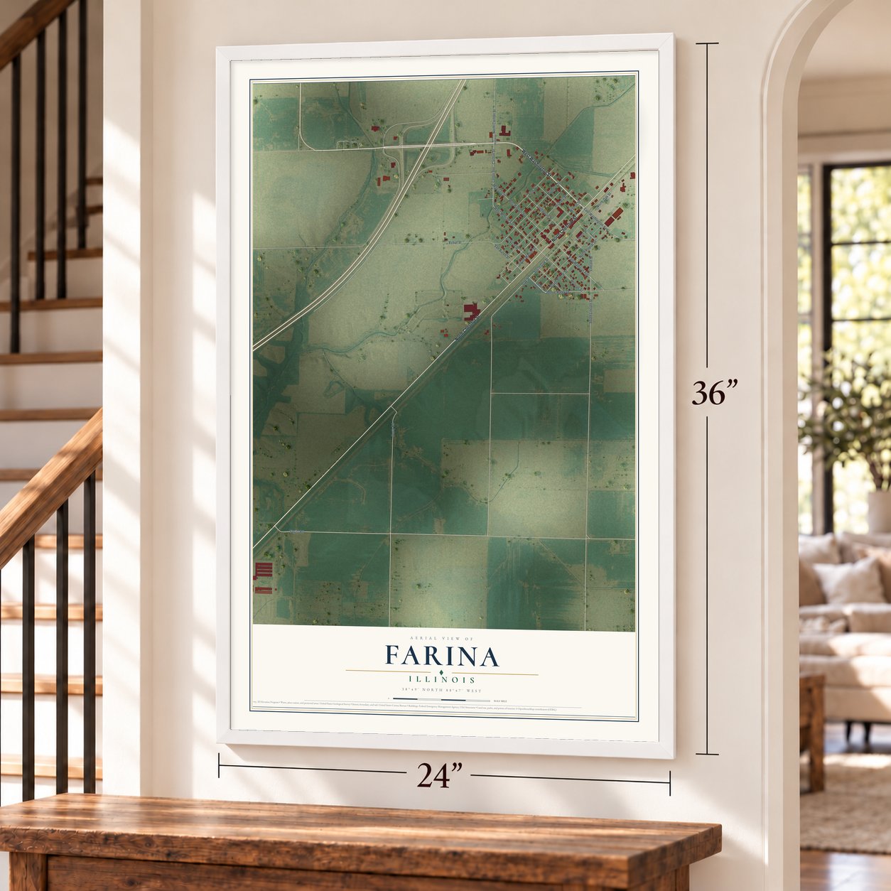 Farina, Illinois map, 24 x 36 inch print in a white frame by a staircase