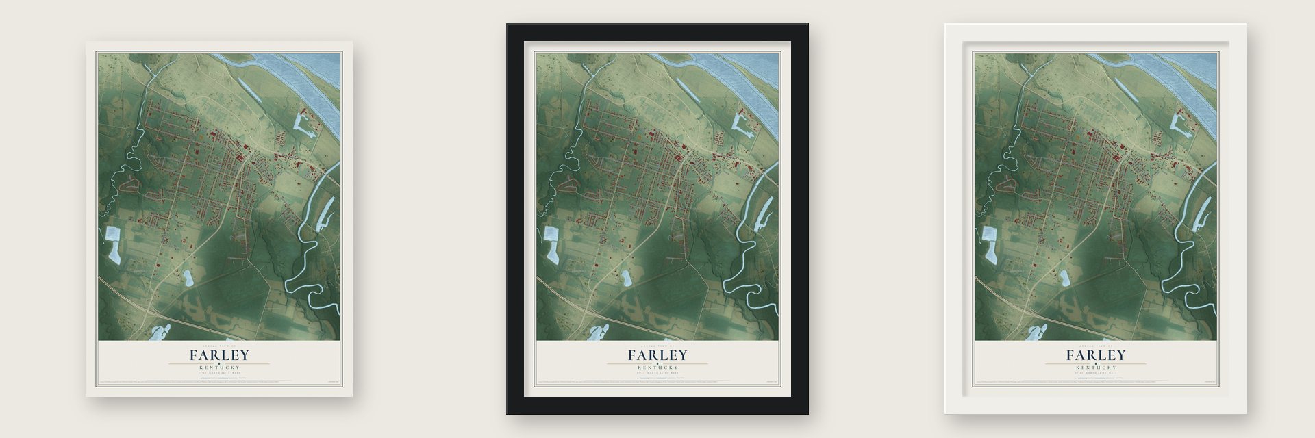 Farley, Kentucky map unframed, in a black wood frame and in a white wood frame