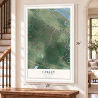Farley, Kentucky map, 24 x 36 inch print in a white frame by a staircase