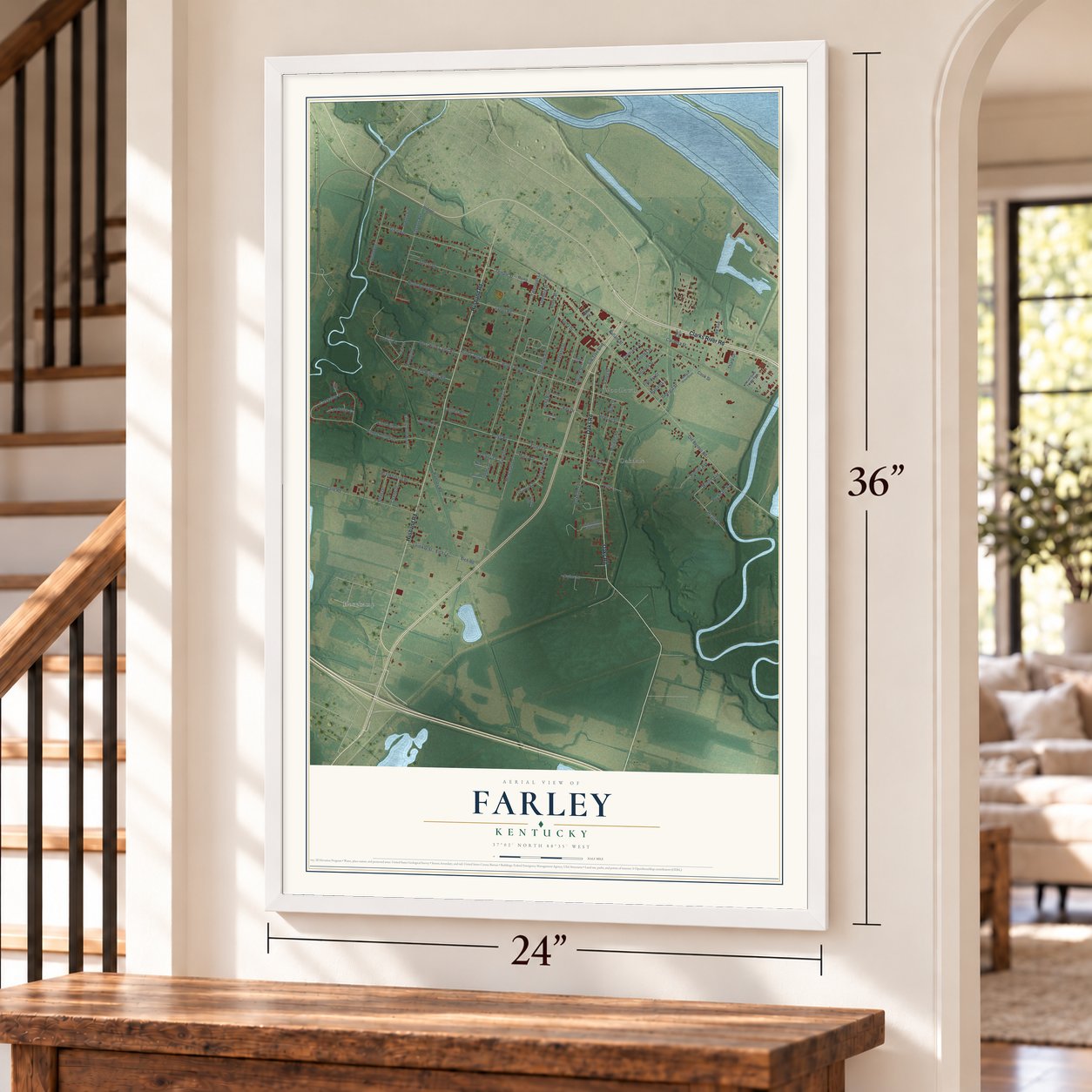 Farley, Kentucky map, 24 x 36 inch print in a white frame by a staircase