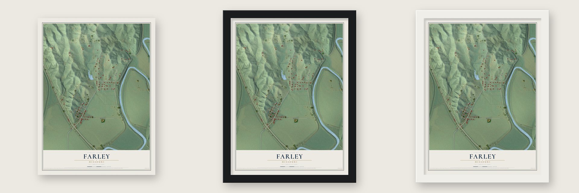 Farley, Missouri map unframed, in a black wood frame and in a white wood frame
