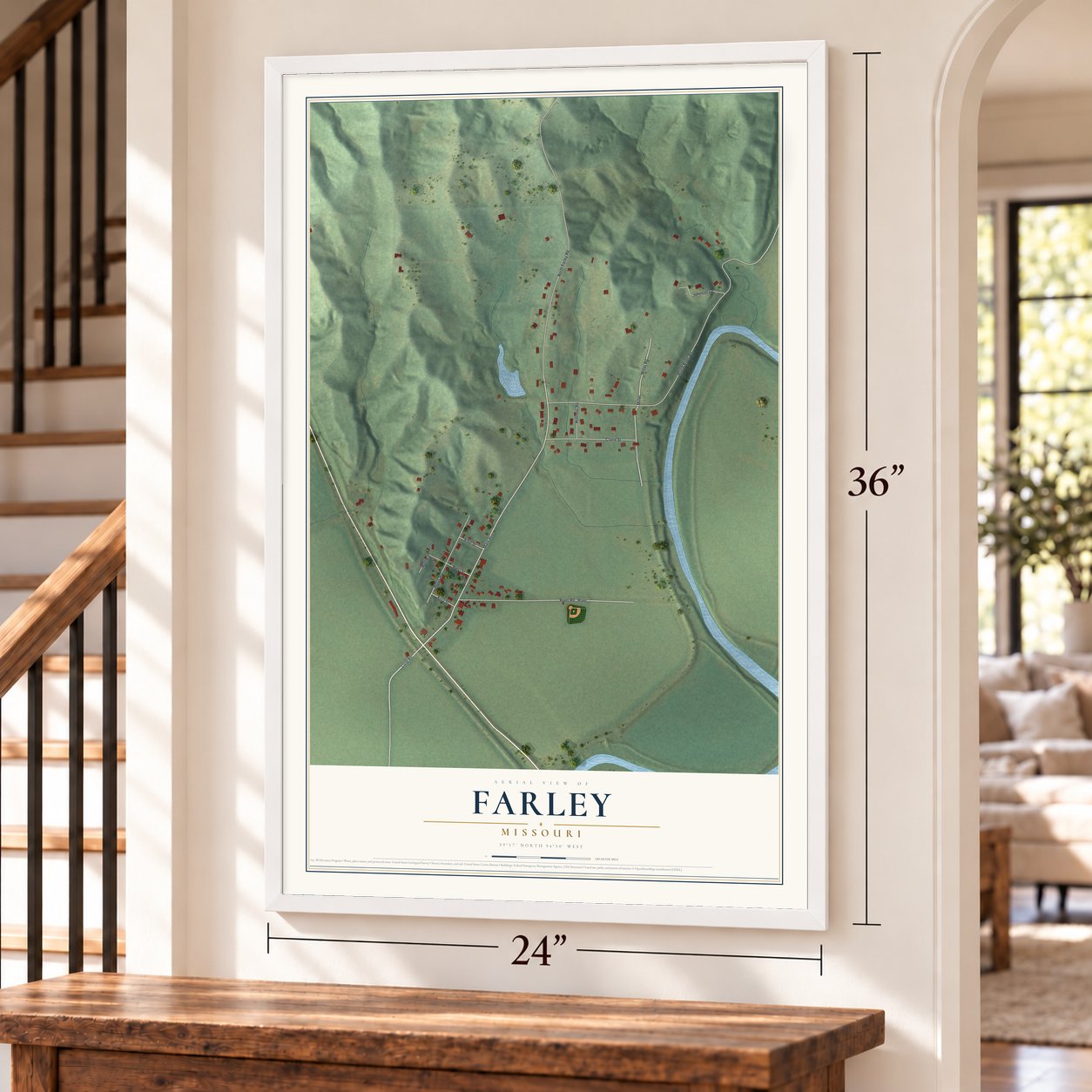 Farley, Missouri map, 24 x 36 inch print in a white frame by a staircase