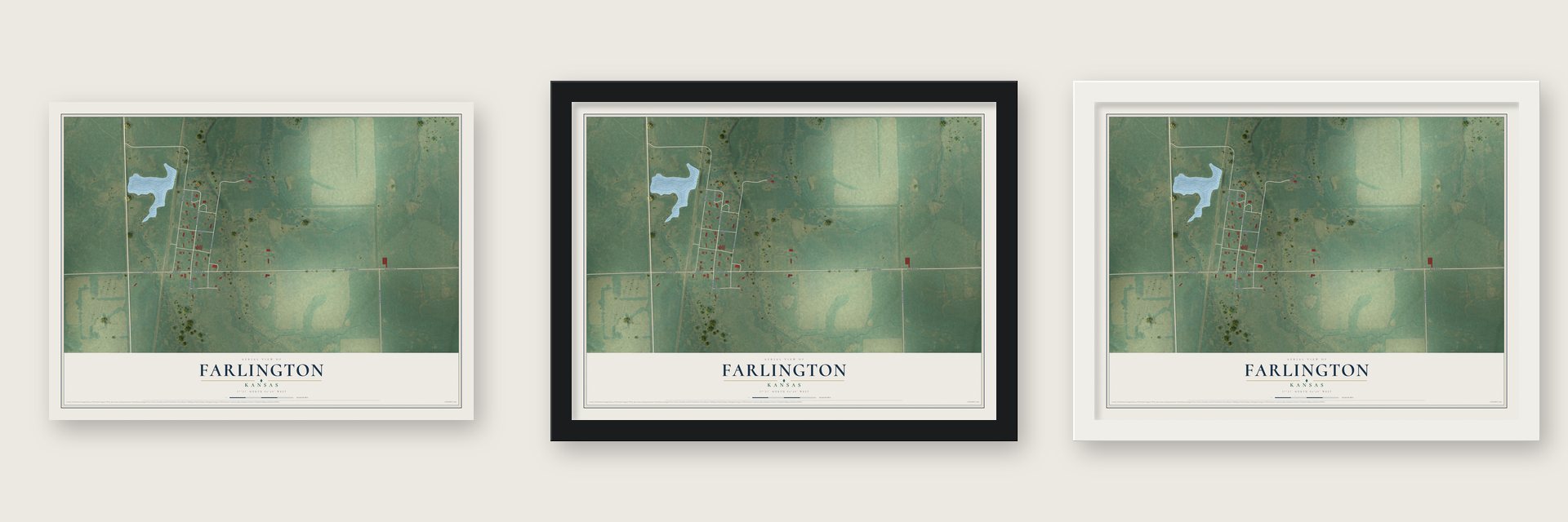 Farlington, Kansas map unframed, in a black wood frame and in a white wood frame