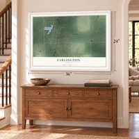 Farlington, Kansas map, 24 x 36 inch print in a white frame above a dresser by a staircase