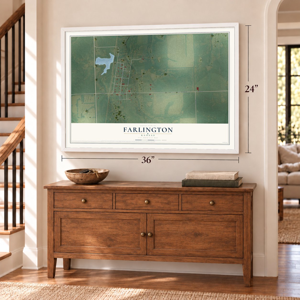 Farlington, Kansas map, 24 x 36 inch print in a white frame above a dresser by a staircase