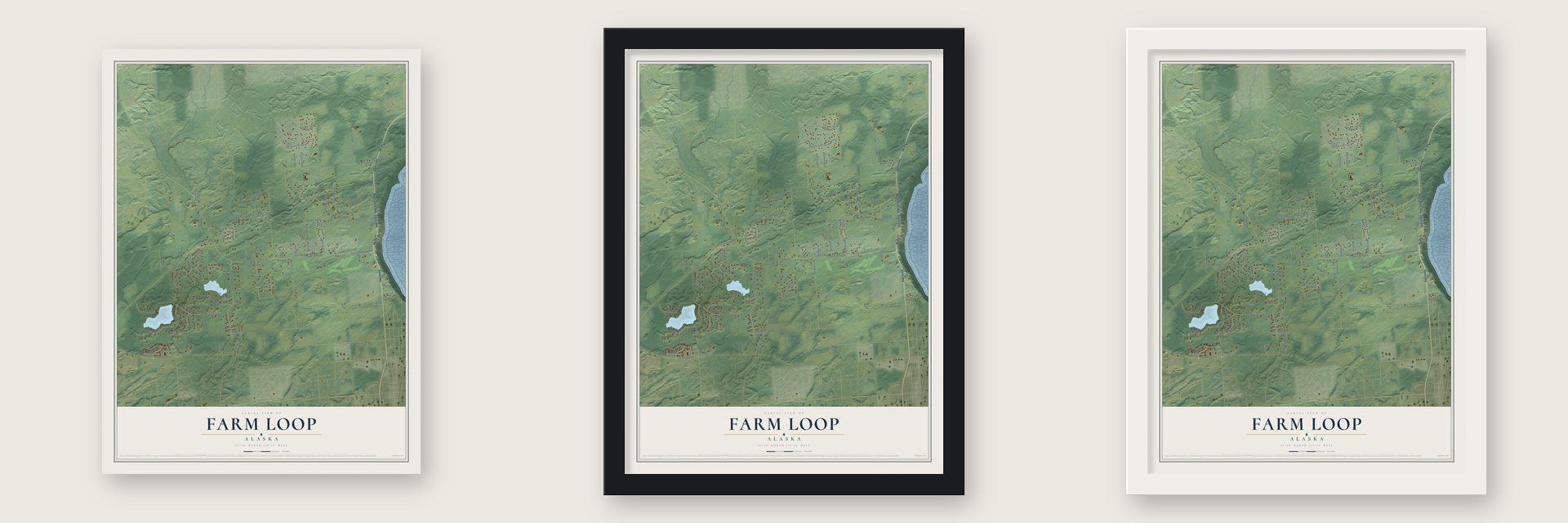 Farm Loop, Alaska map unframed, in a black wood frame and in a white wood frame