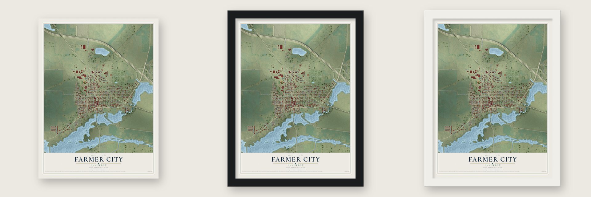 Farmer City, Illinois map unframed, in a black wood frame and in a white wood frame