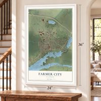 Farmer City, Illinois map, 24 x 36 inch print in a white frame by a staircase