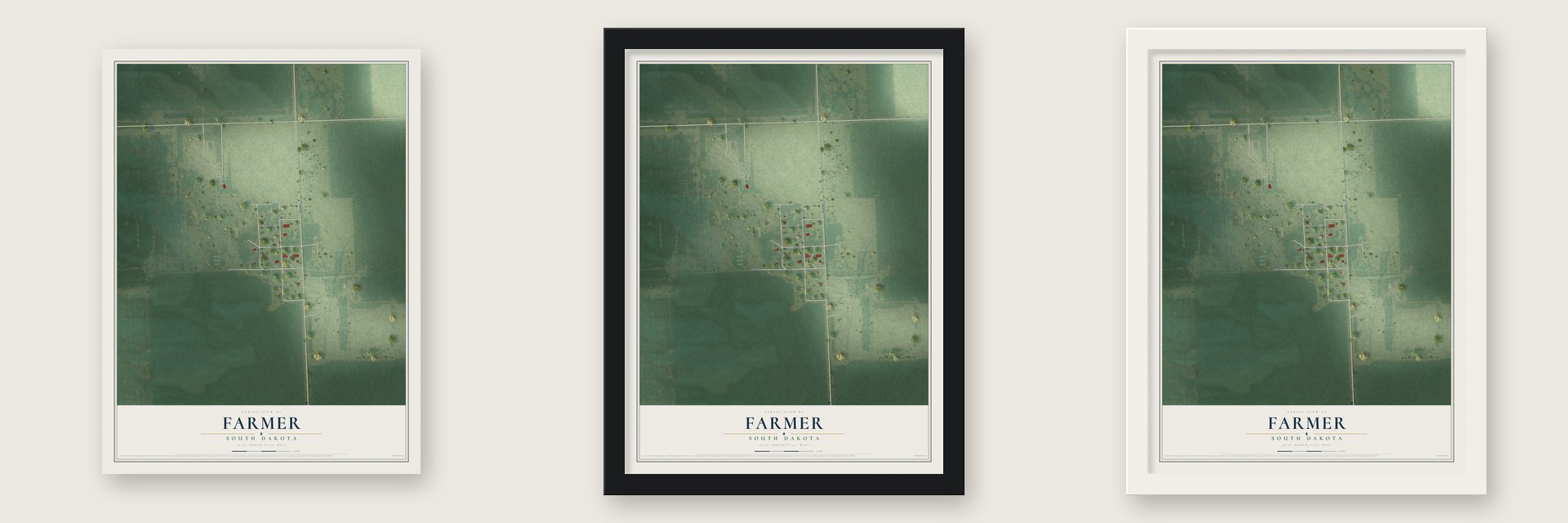 Farmer, South Dakota map unframed, in a black wood frame and in a white wood frame