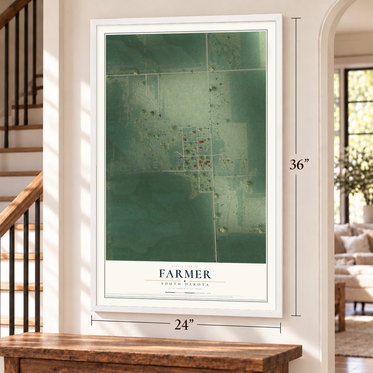 Farmer, South Dakota map, 24 x 36 inch print in a white frame by a staircase