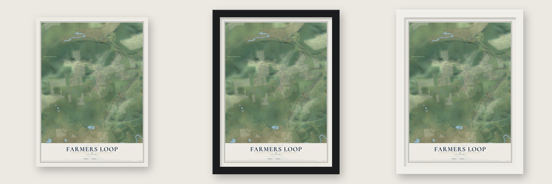 Farmers Loop, Alaska map unframed, in a black wood frame and in a white wood frame
