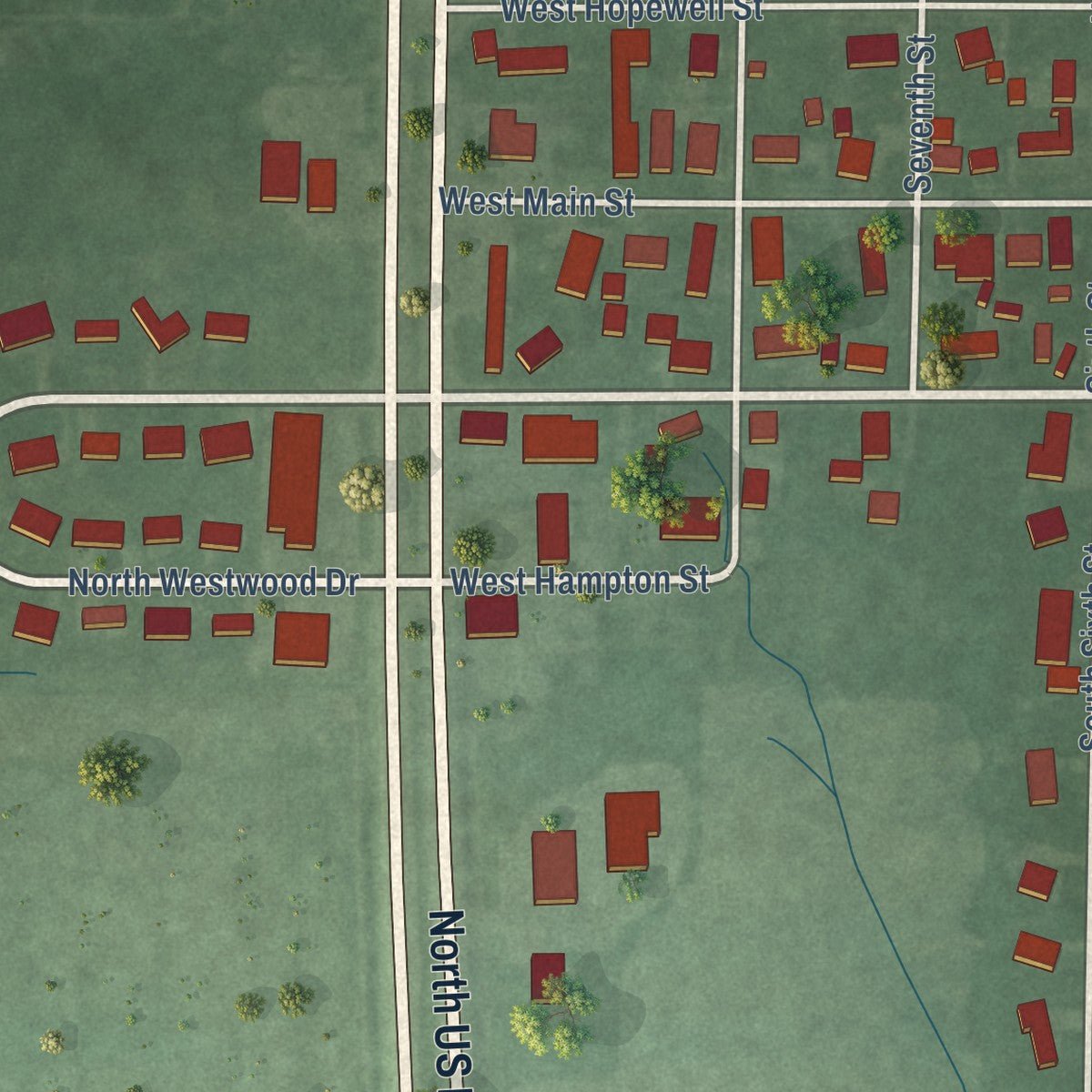 Second close-up of the map of Farmersburg, Indiana print showing more streets and buildings