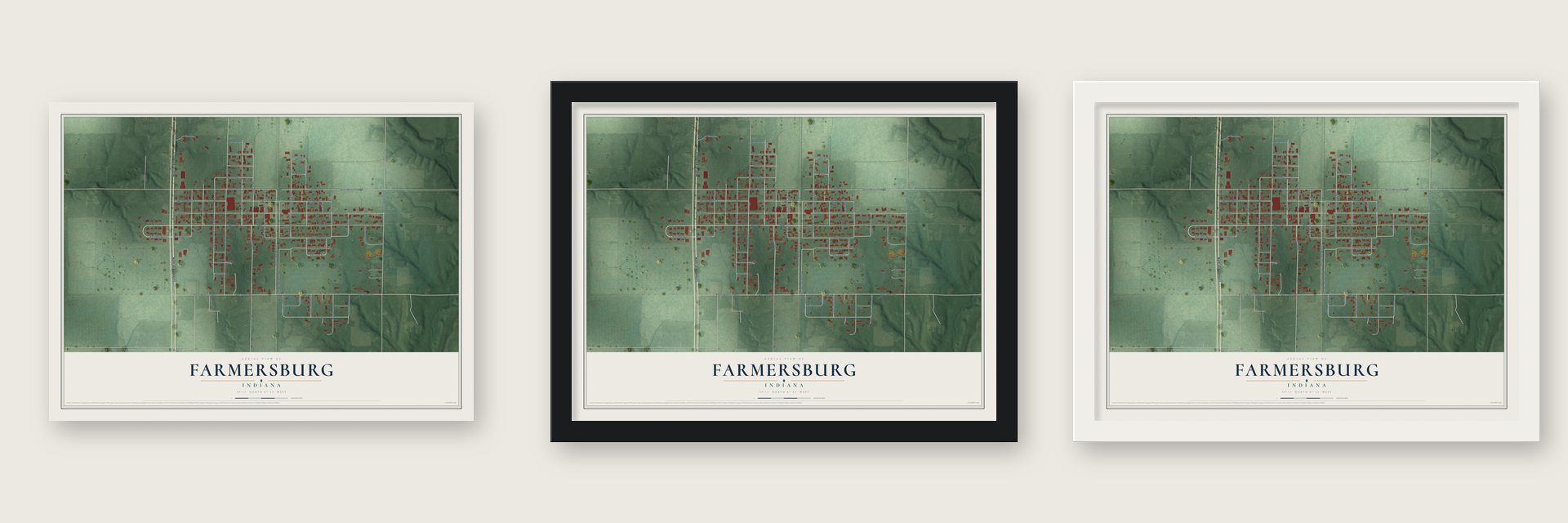 Farmersburg, Indiana map unframed, in a black wood frame and in a white wood frame