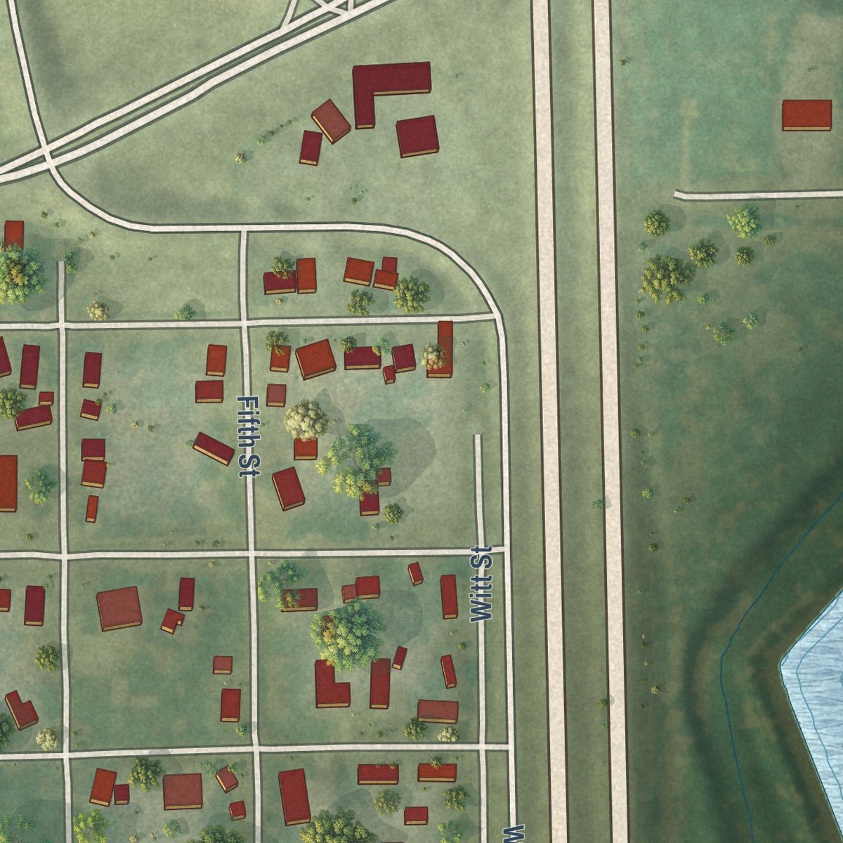 Second close-up of the map of Farmersville, Illinois print showing more streets and buildings