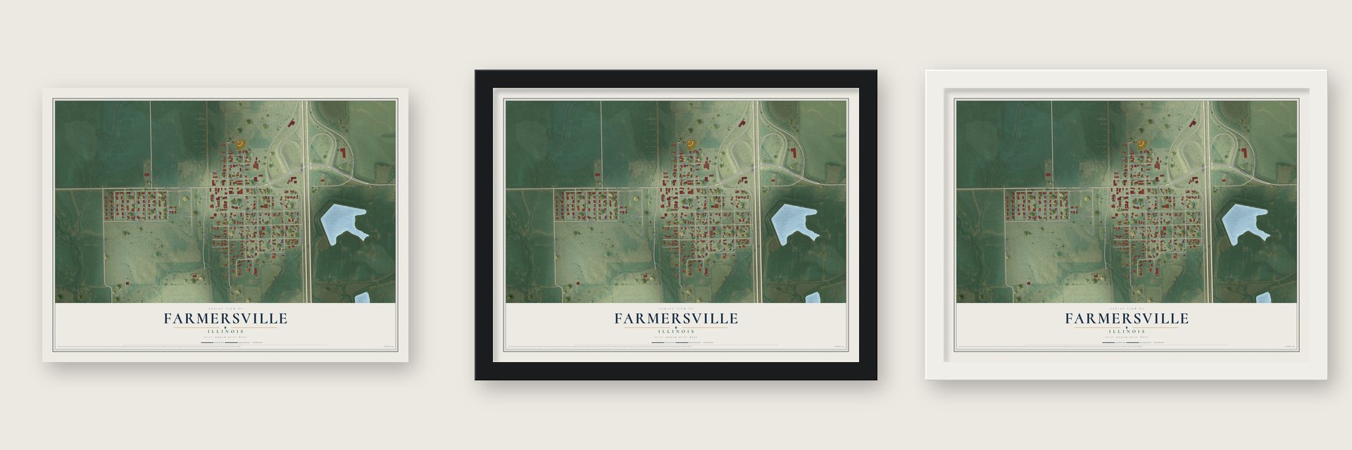Farmersville, Illinois map unframed, in a black wood frame and in a white wood frame
