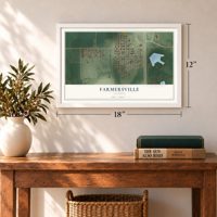 Farmersville, Illinois map, 12 x 18 inch print in a white frame in an entryway
