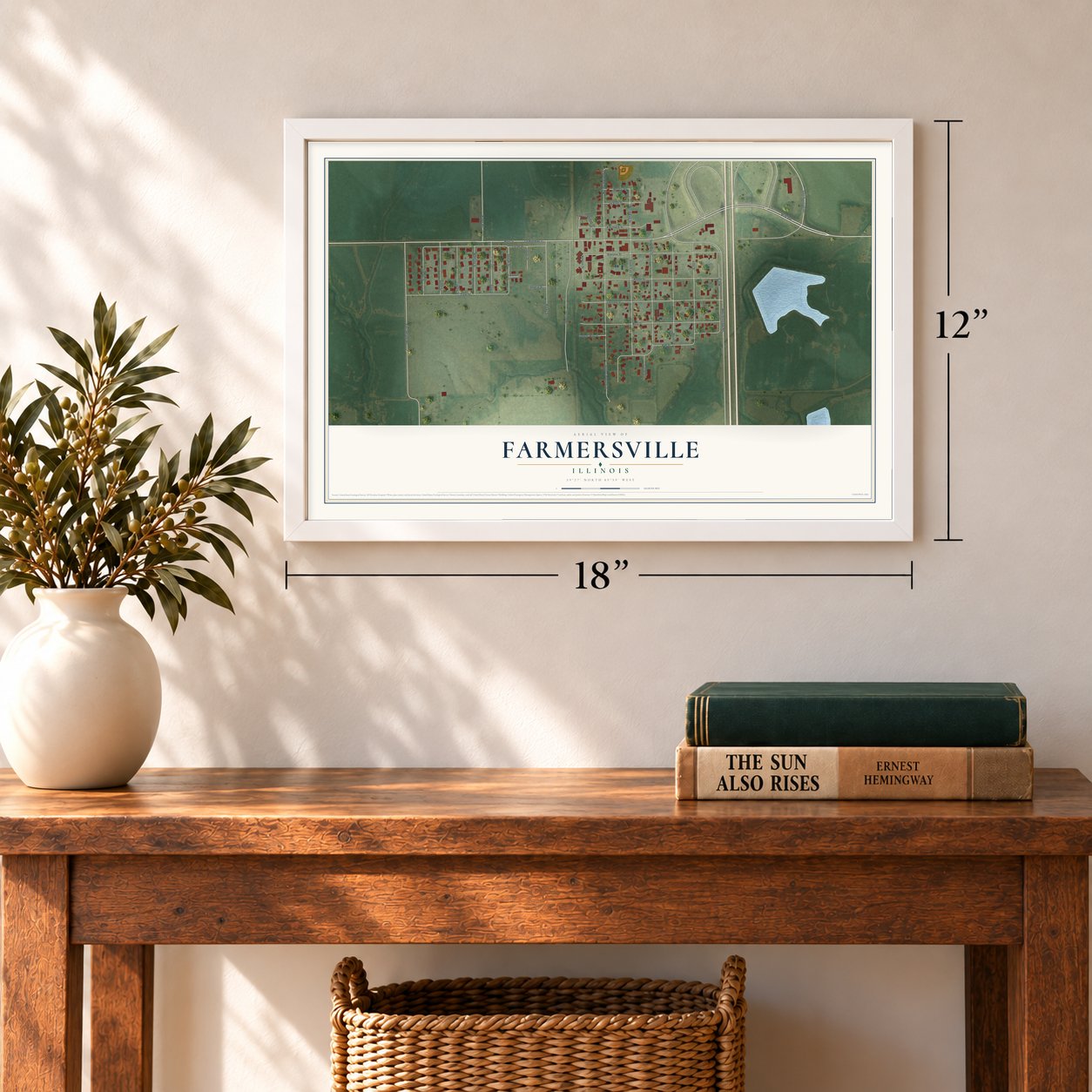 Farmersville, Illinois map, 12 x 18 inch print in a white frame in an entryway