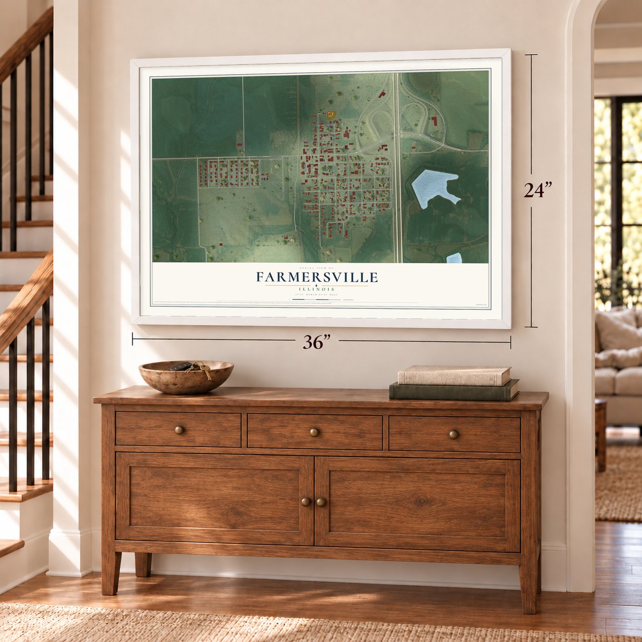 Farmersville, Illinois map, 24 x 36 inch print in a white frame above a dresser by a staircase