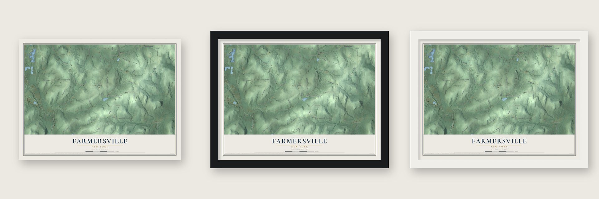 Farmersville, New York map unframed, in a black wood frame and in a white wood frame
