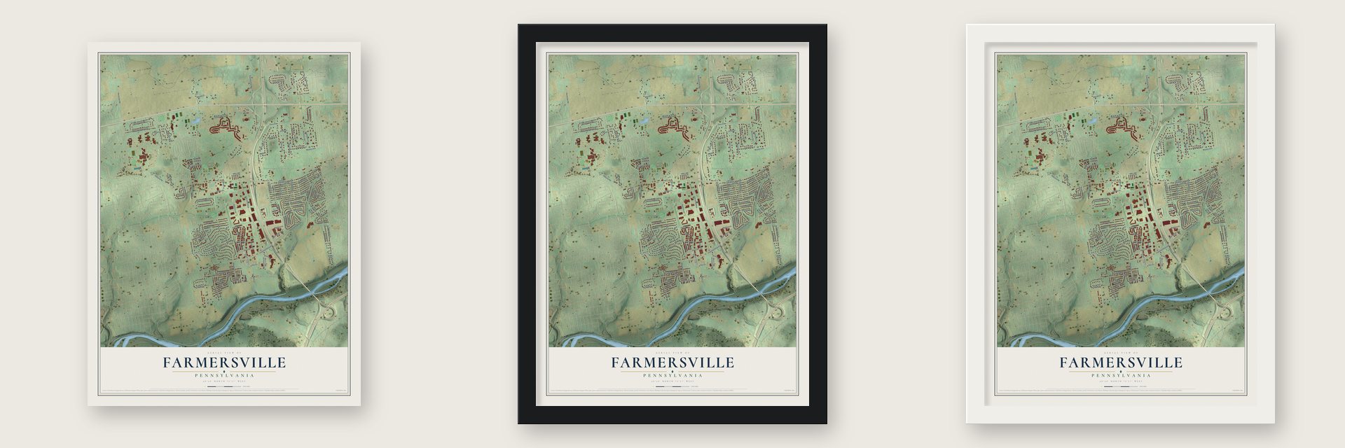 Farmersville, Northampton County, Pennsylvania map unframed, in a black wood frame and in a white wood frame