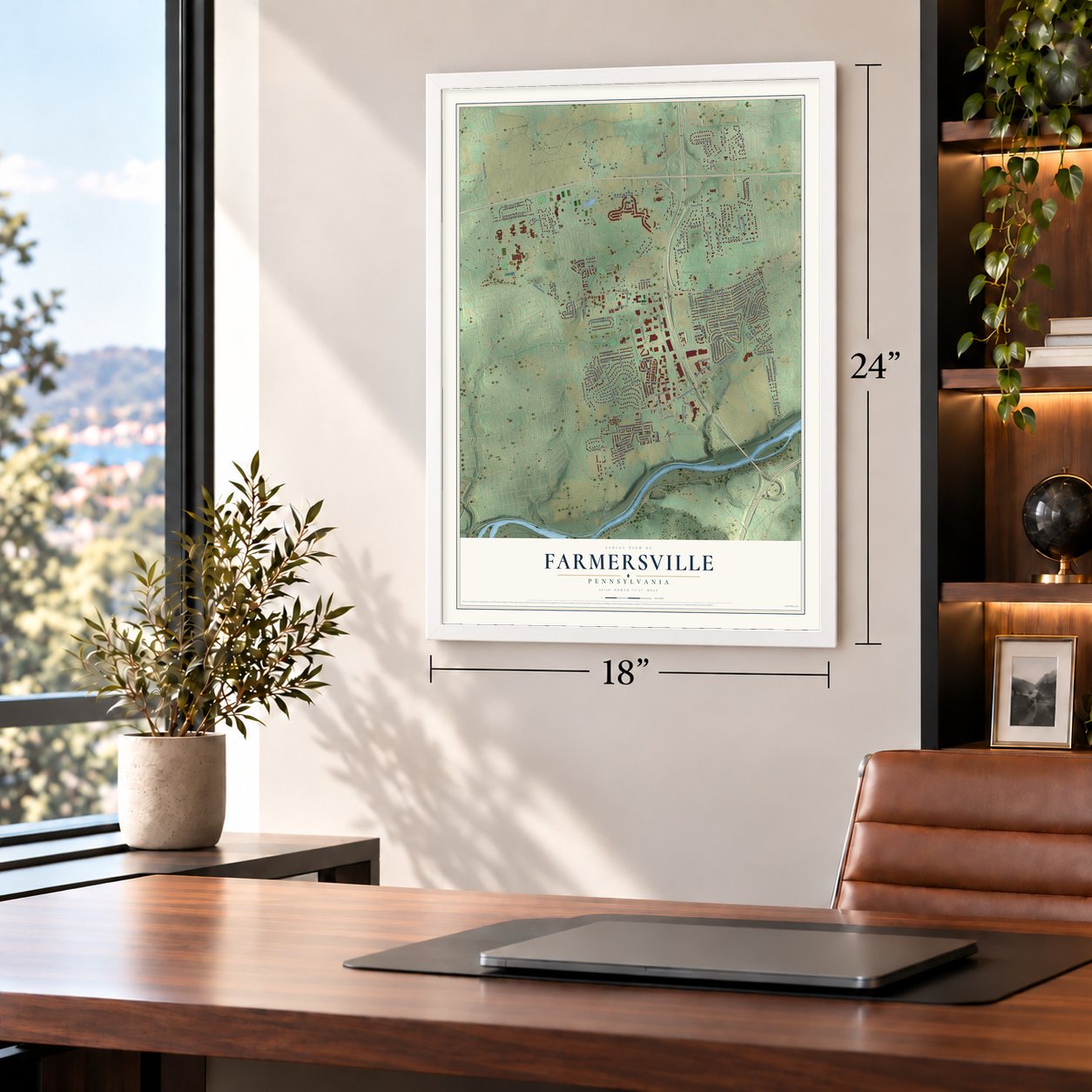 Farmersville, Northampton County, Pennsylvania map, 18 x 24 inch print in a white frame in a home office