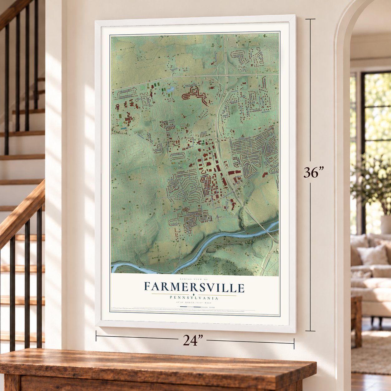 Farmersville, Northampton County, Pennsylvania map, 24 x 36 inch print in a white frame by a staircase