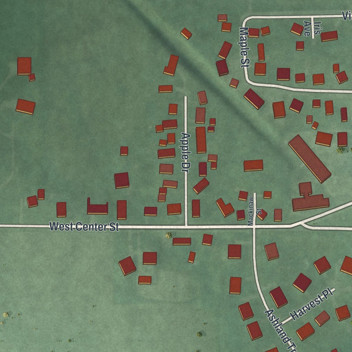 Second close-up of the map of Farmersville, Ohio print showing more streets and buildings