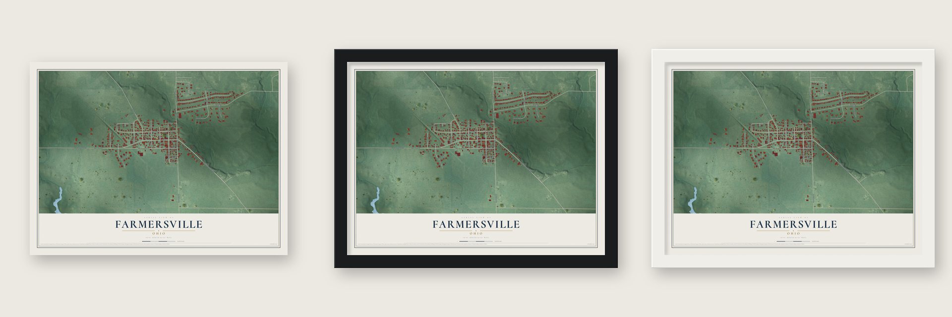 Farmersville, Ohio map unframed, in a black wood frame and in a white wood frame