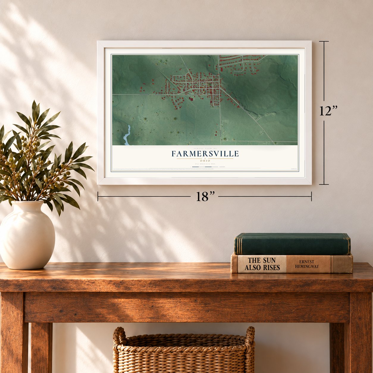 Farmersville, Ohio map, 12 x 18 inch print in a white frame in an entryway