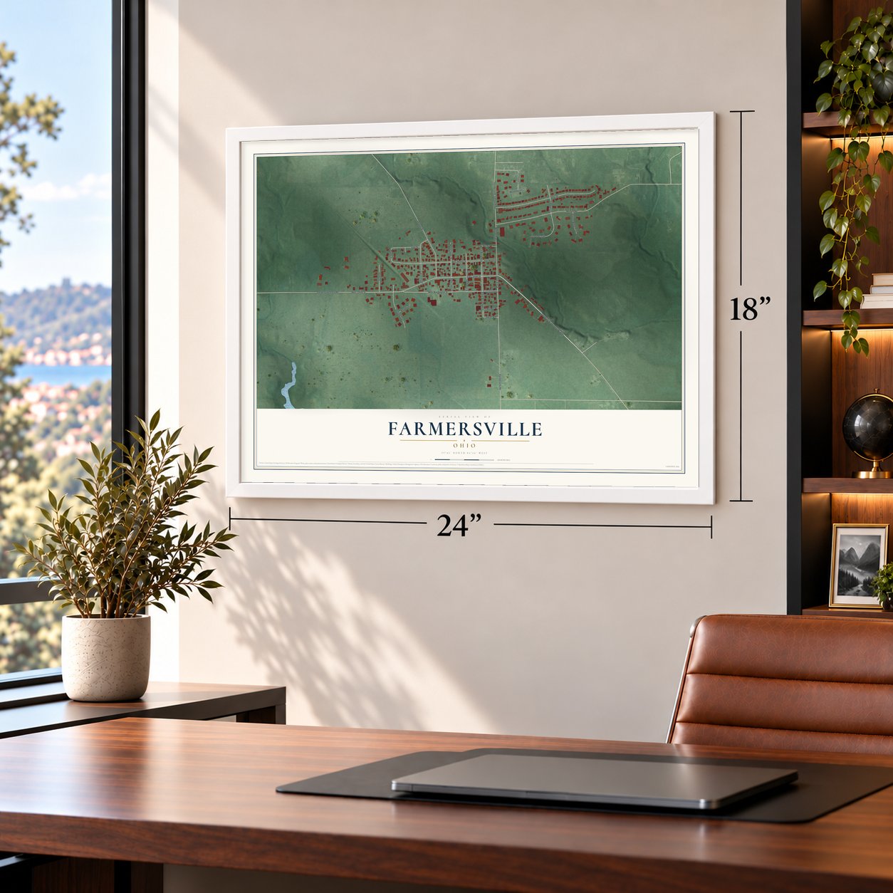 Farmersville, Ohio map, 18 x 24 inch print in a white frame in a home office