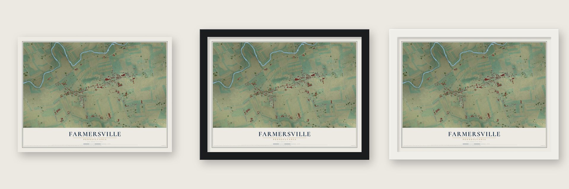 Farmersville, Pennsylvania map unframed, in a black wood frame and in a white wood frame