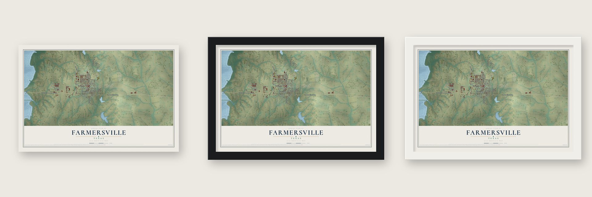 Farmersville, Texas map unframed, in a black wood frame and in a white wood frame