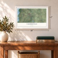 Farmersville, Texas map, 12 x 18 inch print in a white frame in an entryway